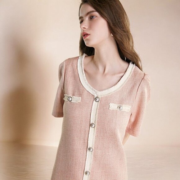 NWT J.ING Pink Button Detail V-Neck Short Sleeve Tweed Mini Dress - Picture 4 of 6